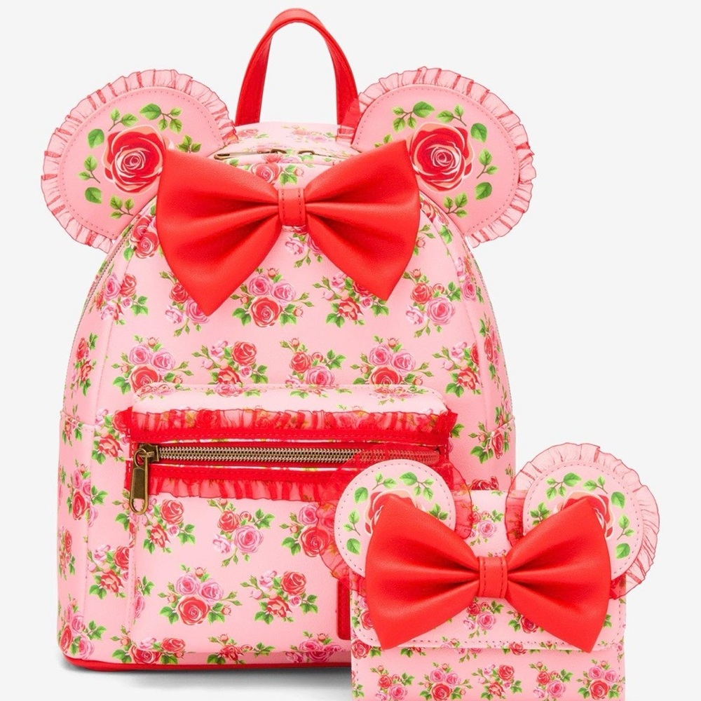 Loungefly Disney Minnie Mouse Pink & Red Roses Mini Backpack with matching Walle